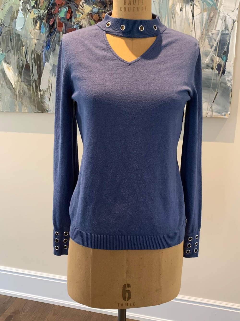 Point Zero Navy V‑Neck Sweater with Grommet Trim